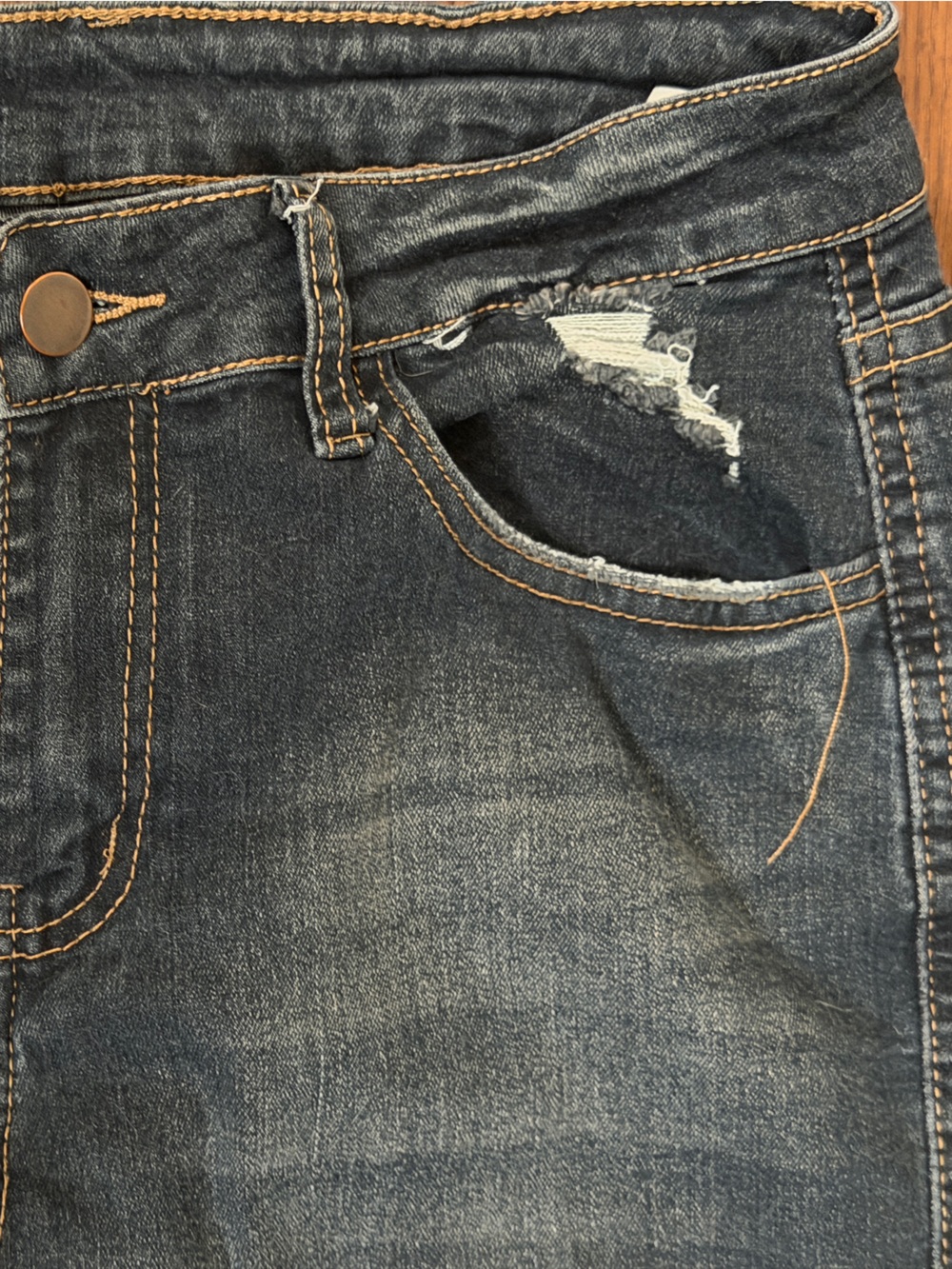 SHEIN Dark Blue Bootcut Jeans with Distressed Pocket and Contrast Stitching